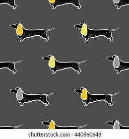 Scandinavian style dog seamless pattern. Geometric. Simple flat dachshund. Minimalist european texture. Gray, yellow colors. Cartoon illustration