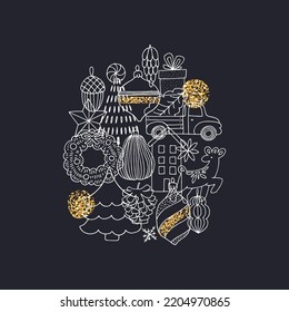 Scandinavian style doodle Christmas composition. Cute new year elements on the dark background. Vector illustration.