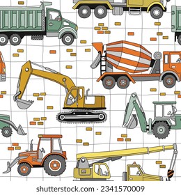 Scandinavian style doodle hand drawn construction trucks seamless background pattern