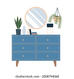 Scandinavian style drawer vector illustration. Stylish chest with mirror and varaious decor for home interior. Trendy scandi furniture for living room or bedroom