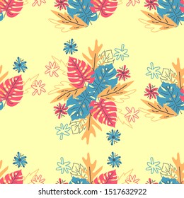 Scandinavian style Exotic leaves hand drawn seamless pattern. Tropical plant drawing. palm, monstera leaves.