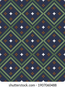 Scandinavian style floral ornament with pixel embroidery effect. Seamless vector pattern for web and print, textile, wrapping paper, scrapbooking, postcards.