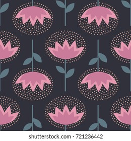 Scandinavian style floral pattern on dark background. Cute fantasy flowers with decorative dots seamless background. Fashion design for fabric, wallpaper, textile and decor.
