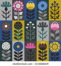 Scandinavian style floral rectangular colorful seamless vector pattern. Wrapping paper design. Part four.