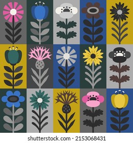 Scandinavian style floral rectangular colorful seamless vector pattern. Wrapping paper design. Part six.