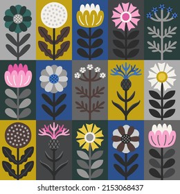 Scandinavian style floral rectangular colorful seamless vector pattern. Wrapping paper design. Part five.