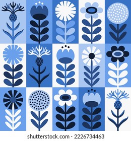 Scandinavian style floral rectangular winter seamless vector pattern (blue and white). Wrapping paper design. Part two.