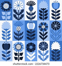 Scandinavian style floral rectangular winter seamless vector pattern (blue and white). Wrapping paper design. Part four.