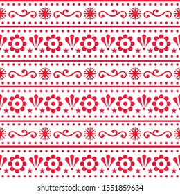 Scandinavian style folk art seamless vector pattern, repetitive floral cute Nordic design in red on white background. Scandi style repetitive textile design or wallpaper background with swirls