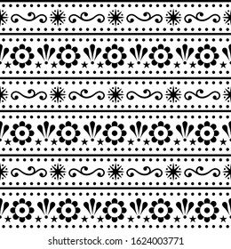 Scandinavian style folk art seamless vector pattern, repetitive floral cute Nordic design in black on white background. Scandi style monochrome repetitive textile design or wallpaper background 