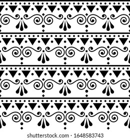 Scandinavian style folk art seamless vector pattern with swirl, flowers and geometric shapes. Scandi monochrome repetitive textile design or greeting card, wedding invitation background in black 