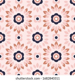 Scandinavian style folk background. Seamless vector pattern with pastel flowers. Mandala decorative wallpaper. Textile design, fabric ornament. Cute geometric print.