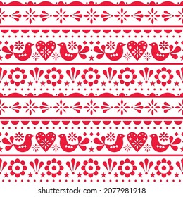 Scandinavian style folk red seamless vector pattern with hearts, birds and flowers. Scandi style repetitive textile design or greeting card, wedding invitation background on white
