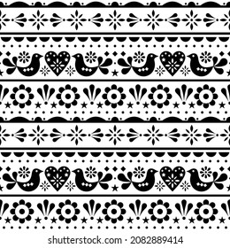 Scandinavian style folk seamless vector pattern with hearts, birds and flowers in black and white. Scandi style repetitive textile design or greeting card, monochrome wedding invitation background


