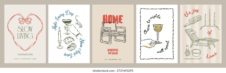 Scandinavian Style Frame Poster Collection with Inspirational Quotes and Hand-Drawn Sketch Home Decor Illustrations. 