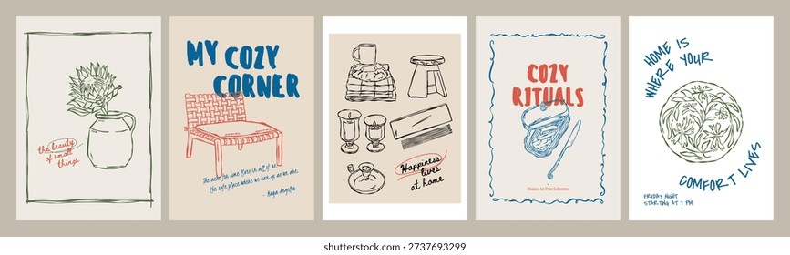 Scandinavian Style Frame Poster Collection with Inspirational Quotes and Hand-Drawn Sketch Home Decor Illustrations. 