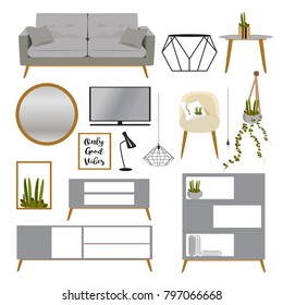 Scandinavian Style Furniture set. Trendy Living room Elements
