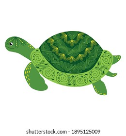 Scandinavian style green turtle with hand painted shell pattern hand drawn.