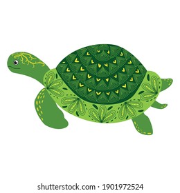 Scandinavian style green turtle with hand painted shell pattern hand drawn.