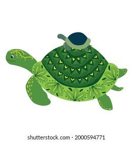 Scandinavian style green turtle with painted shell pattern hand drawn with cub on back, mom and baby concept.