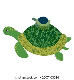 Scandinavian style green turtle with painted shell pattern hand drawn with cub on back, mom and baby concept.