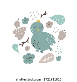 Scandinavian style hand drawn background with bird and stylized flowers. Vector illustration in pastel colours.