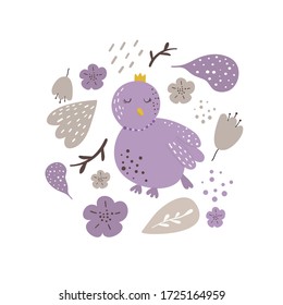 Scandinavian style hand drawn background with bird and stylized flowers. Vector illustration in pastel colours.