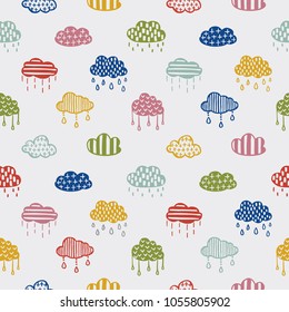 Scandinavian style hand drawn clouds seamless pattern. Monochrome nursery decorative elements set. Minimalistic cute drawings for prints, stickers, wrap paper. Vector vintage illustration.