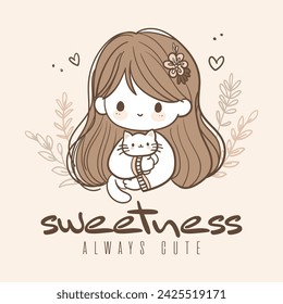 Scandinavian style hand drawn cute girl and cat design. Beautiful design for children's clothing, stickers and various print areas.