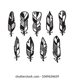 Scandinavian style hand drawn feathers set. Monochrome nursery decorative elements collection. Minimalistic cute drawings for prints, stickers, posters. Vector vintage illustration.