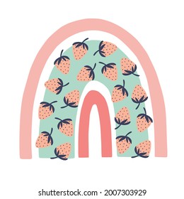 Scandinavian style hand drawn rainbow with strawberries. Cute vector illustration