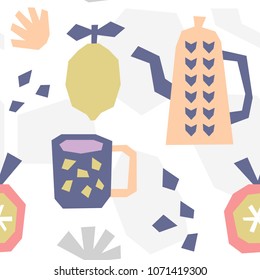 Scandinavian style hand drawn seamless pattern with cut paper tea cup, pot and lemon. Vector illustration. Textile print, modern home kitchen decoration elements.