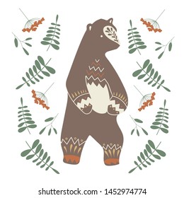 Ilustración vectorial dibujada a mano de estilo escandinavo. Oso con hierbas del bosque y bayas. Arte popular minimalista para camiseta, diseño de taza u otro tipo de impresión.