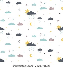 Scandinavian style Hand-drawn pattern for children. Printed pattern with stars moon sun and clouds.  Pastel linen curtains wallpaper for a children's room.