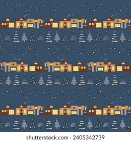 Scandinavian style hand-drawn pattern with village houses, winter trees, garlands and snowflakes on deep blue-green background. Can be used as allover print for fabric, wallpaper, wrapping, decoration