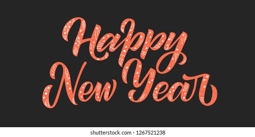 Scandinavian style Happy new Year phrase. Vector script lettering illustration. Retro orange color with white etno ornament on graphite background.
