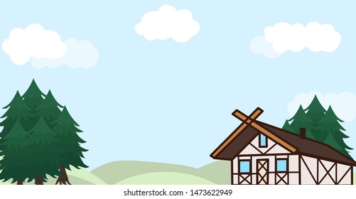 scandinavian style house and green wild spruce on blue sky background vector banner