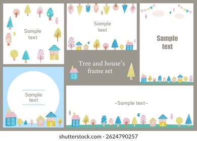 Scandinavian style house and tree stylish frame design template set