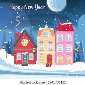 Scandinavian style houses,Happy New Year orange red and pink colors with blue isolated background and snow