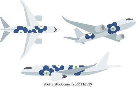 Scandinavian style illustration - Airplane (overhead view, low angle, straight side view, 3 viewpoint ver.)