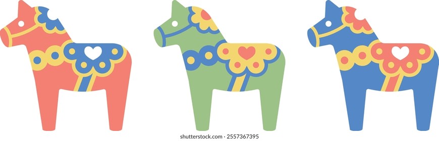 Scandinavian style illustration Dalana Horse set(red, green, blue ver.)