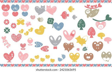 Scandinavian style illustration set of animals and plants with a heart motif (stamp style)