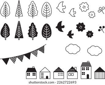 Scandinavian style illustration set of trees, birds and houses. Black and white line drawings.