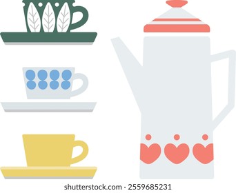 Scandinavian style illustrations, teacups, teapots, tea sets