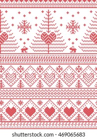 Scandinavian style inspired Christmas and festive winter seamless pattern in cross stitch style with Xmas trees , snowflakes, Rabbits, stars, hearts, decorative ornaments in red  and white