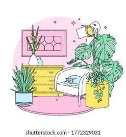 Scandinavian style interior flat outline vector fragment illustration. Armchair with a cat, vases on a dresser, floor lamp in a modern style, Monstera plant, painting on the wall and carpet.