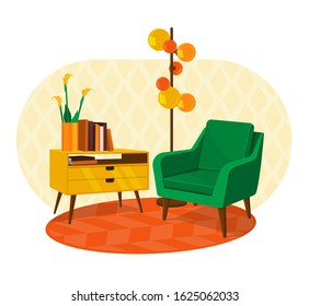 Scandinavian style interior flat vector illustration fragment. Armchair, chest of drawers with a vase of lilies and books, a lamp floor lamp in retro Art Nouveau style.