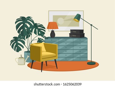 Scandinavian style interior flat vector illustration fragment. Armchair, chest of drawers with lamp floor lamp in modern style. Monstera plant. Abstract painting on the wall.