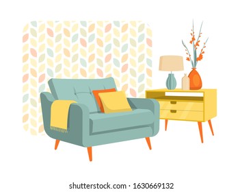 Scandinavian style interior flat vector illustration fragment. Armchair, chest of drawers with a vase of lilies, a lamp floor lamp in retro Art Nouveau style.