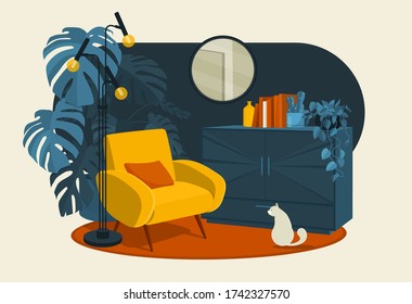 Scandinavian style interior flat vector fragment illustration. Armchair with a pillow, books on the dresser, floor lamp in a modern style, Monstera plant, round mirror on the wall and cat.